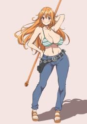 bad_id bad_twitter_id belt bikini bikini_top_only breasts clima-tact female female_only grey_background highres inactive_account jeans kojirou! large_breasts log_pose long_hair looking_at_viewer nami nami_(one_piece) one_piece orange_hair pants post-timeskip sandals solo standing swimsuit