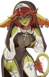 1girls absurd_res big_ears earrings female female_only garter_straps glasses goblin goblin_female gobtober gobtober_2024 grabbing_own_breast green_eyes green_skin looking_at_viewer maewix1 nun nun_hat nun_outfit pointy_ears red_hair round_glasses sharp_fingernails slit_pupils smiling smiling_at_viewer solo tail tail_tuft thighhighs white_background white_thighhighs