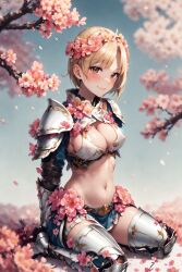 1girls ai_generated amber_eyes armor armored_female bangs bare_thighs blonde_female blonde_hair blonde_hair blush branches cherry_blossoms cleavage female flowers flowers_in_hair from_side gauntlets hard_nipples impractical_armor kneeling legwear looking_at_viewer midriff navel nipples nipples_visible_through_clothing pelvic_curtain petals simple_background sitting skimpy skimpy_armor skimpy_clothes smiling softcore solo solo_female stable_diffusion tagme transparent_clothing