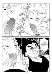 1boy 1girls big_breasts blush breasts cheating_husband cheating_mother comic daughters_husband dragon_ball earrings english_text fellatio funsexydragonball in-lawcest mother-in-law mother-in-law_and_son-in-law one_eye_closed oral oral_sex page_9 page_number panchy panchy_(dragon_ball) panchy_briefs son-in-law sweat sweatdrop vegeta wifes_mother