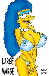 2003 bikini blue_hair breasts clothing color curly_hair eyes eyeshadow female female_only hair human long_hair marge_simpson mouth necklace nev open_eyes open_mouth pearl_necklace skin solo the_simpsons white_background yellow_skin