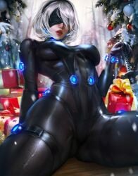 1girls 2020s 2024 2d 2d_(artwork) abs areola areolae big_breasts big_thighs bodysuit bottom_heavy breasts child_bearing_hips christmas christmas_tree covered_eyes female female_focus female_only gantz hi_res highres hips large_breasts large_thighs leotard logan_cure nier:_automata nipples presents red_lips short_hair sitting skindentation slim_waist solo solo_female solo_focus sword thick_thighs thigh_strap thighs tight_clothing toned_stomach white_hair wide_hips yorha_2b