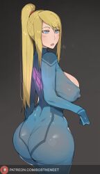 1girls ass_focus bimbo blonde_hair blue_eyes bobtheneet bodysuit breasts female huge_ass huge_breasts light-skinned_female light_skin long_hair massive_breasts metroid nintendo nipples_visible_through_clothing samus_aran solo zero_suit zero_suit_samus