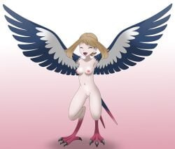 avian avian_feet closed_eyes european_mythology fangs female generation_3_pokemon greek_mythology harpy hi_res humanoid joyvell may_(pokemon) monster_girl_(genre) mythological_avian mythology nintendo nude pokemon pokemon_(species) public_domain solo swellow teeth transformation wings