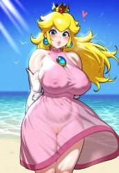 ai_generated beach big_breasts blonde_hair covered_nipples crown earrings elbow_gloves heart lipstick mario_(series) novelai nudealert pink_dress princess_peach pubic_hair pussy sundress sweat translucent_clothing