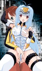 2girls artrist:watanabe_yoshimasa brown_hair female kos-mos long_hair multiple_girls shion_uzuki tagme xenosaga yuri