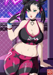 1girls aged_up black_hair bra breasts cleavage female game_freak green_eyes haarmades large_breasts light-skinned_female light_skin long_hair marnie_(pokemon) nintendo pokemon pokemon_ss thick_thighs twintails wide_hips