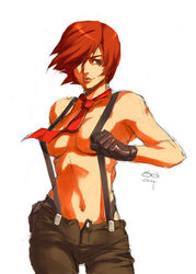 female female_only gloves hair_over_one_eyes human king_of_fighters naked_suspenders necktie red_hair snk solo suspenders topless vanessa_(kof)