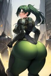 ai_generated goldencum34 green_eyes green_hair huge_ass huge_butt huge_thighs original original_character ponytail power_suit wide_hips