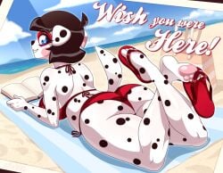 2024 alfa995 anthro ass bathing_suit beach big_breasts black_fur black_spots blue_eyes breasts brown_hair colette_(alfa995) dalmatian digital_media_(artwork) feet hair heart heart-shaped_pupils hi_res looking_at_viewer looking_back lying lying_on_stomach original original_character rear_view sand towel water white_body white_fur wish_you_were_here