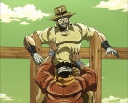 2boys blowjob!?!?!? closed_hand dark-skinned_male david_productions fence hand_on_belly hand_on_chest jojo's_bizarre_adventure joseph_joestar light-skinned_male looking_down male/male male_focus mohammed_avdol muscular_male old_joseph older_male open_hand open_mouth real screenshot stardust_crusaders surprised_expression yaoi younger_male