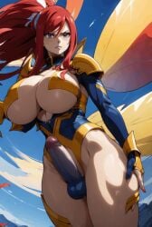 ai_generated armor balls bulge bulge_through_clothing erza_scarlet fairy_tail futanari huge_cock jaconicon partially_clothed red_hair tagme