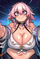 bbw big_breasts big_sleeves button_down_shirt buttons chubby exposed_belly exposed_midriff exposed_shoulders eyebrows_visible_through_hair eyeliner female female_focus female_only glowing_aura gorda gradient_eyes guatona halterneck honkai:_star_rail intense_stare kelvin_hiu looking_at_viewer march_7th_(honkai:_star_rail) muffin_top night_sky obesa obese oily_skin pink_hair reaching_towards_viewer short_hair smiling sweating tagme tetas tetas_grandes tied_shirt tight_clothing