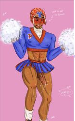 1boy blush cheerleader cheerleader_uniform cum guido_mista jojo's_bizarre_adventure male male_cheerleader male_only penis text vento_aureo