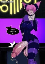 1futa balls breasts clothed clothing dc dc_comics dialogue english_text futa_only futanari grey_body huge_balls huge_cock humanoid humanoid_penis jinx_(dc) mostly_clothed nipples_visible_through_clothing penis pink_hair precum snickerz solo source_request standing teen_titans text thick_thighs wide_hips