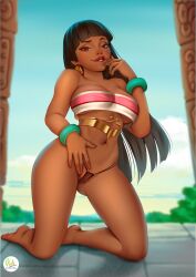 artist_logo artist_name biting_lip biting_own_lip black_hair black_panties breasts brown_eyes chel dark-skinned_female dark_skin didi_esmeralda dreamworks gold_(metal) gold_clothing gold_jewelry green_bracelets looking_at_viewer native_american native_american_female on_knees panties pussy seductive seductive_look seductive_smile see-through see-through_clothing see-through_panties smiling_at_viewer solo the_road_to_el_dorado tube_top white_tube_top