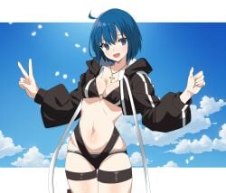 ahoge bikini black_bikini black_jacket blue_eyes blue_hair blue_sky border breasts c.i.e.l_(fate) ciel_(tsukihime) cloud cloudy_sky cowboy_shot cross cross_necklace fate/grand_order fate_(series) female highres jacket jewelry medium_breasts navel necklace open_mouth short_hair sky smile solo stomach swimsuit thigh_strap thighs thumbs_up tsukihime u_hasumi69 v white_border