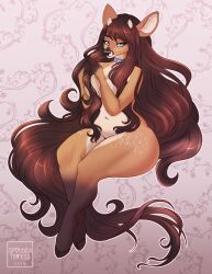 2019 anthro big_breasts breasts brown_body brown_hair collar deer digital_media_(artwork) female hair hooves jesse_hartstone long_hair looking_at_viewer mammal narrowed_eyes nude shaded sitting smiling smiling_at_viewer solo spottedtigress thick_thighs