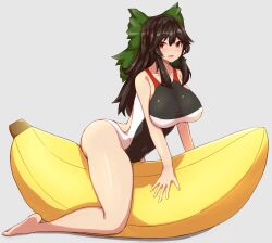 1girls 2d banana belly_button belly_button_visible_through_clothing big_ass big_breasts breasts brown_hair female grey_background hair_ribbon long_hair looking_at_viewer mani_padme nipple_bulge okuu open_mouth red_eyes sideass simple_background sitting smile solid_color_background solo source swimsuit tied_hair touhou utsuho_reiuji