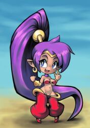 1girls ass big_breasts big_hair big_head blue_eyes breasts clothed dark-skinned_female dark_skin earrings erect_nipples female loose_clothes no_panties ostinatohex purple_hair shantae shantae_(character) solo solo_female