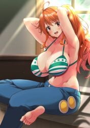 :d ahoge armpits arms_up backlighting bad_id bad_twitter_id barefoot bikini bikini_top_only bloom blush breasts brown_eyes cleavage commentary_request denim feet female female_only groin highres huge_breasts inactive_account indoors jeans kojirou! light_particles light_rays looking_at_viewer nami nami_(one_piece) navel one_piece open_mouth orange_eyes orange_hair pants post-timeskip sitting smile soles solo striped_bikini striped_clothes sunbeam sunlight swimsuit toes window