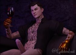 1boy 3d big_penis bottomless cheers erection fortnite gold_(metal) gold_eyes goldenlust lounging male_only midas_(fortnite) missing_eye no_pants no_underwear on_couch open_shirt scar smile smirk solo solo_male tattoos wine wine_glass x_redeyes