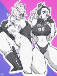 2girls bare_arms bare_thighs big_breasts black_and_white clothed clothing egghead eye_covered female female_focus female_only gloves headphones hi_res jacket kanikanipan3740 large_breasts long_hair looking_at_another looking_at_viewer one_piece one_piece:_egghead_arc panties pink_eyes purple_eyes short_hair shounen_jump solo_female tagme thick_thighs vegapunk_lilith vegapunk_york