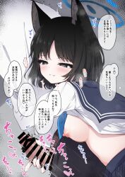 1boy absurdres allied_hyakkiyako_academy_student animal_ear_fluff animal_ears bar_censor black_eyes black_hair blue_archive blue_halo blue_sailor_collar blue_skirt blush breasts cat_ears cat_girl censored female half-closed_eyes halo handjob highres hyakkaryouran_conflict_resolution_council_(blue_archive) kikyou_(blue_archive) long_sleeves madotsukumo medium_breasts nipples parted_lips penis reach-around sailor_collar sailor_shirt school_uniform serafuku shirt short_hair skirt sound_effects speed_lines straight translation_request white_shirt