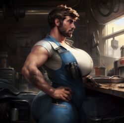 1boy ai_generated bara big_ass big_breasts big_butt brown_hair busty busty_boy curvy curvy_male huge_breasts jackvinsanity male male_only male_with_breasts mechanic solo solo_male