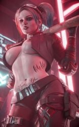 1girls 2024 3d areolae baseball_bat batman_(series) belt big_breasts bloo3d clown_girl curvy dc dc_comics dyed_hair elbow_pads erect_nipples exposed_breasts female female_only gloves hands_behind_back harley_quinn harley_quinn_(injustice) holding_object holding_weapon holster hourglass_figure injustice_2 jacket jacket_open large_breasts leather_gloves looking_at_viewer multicolored_hair navel_tattoo netherrealm_studios nipples open_jacket pubic_tattoo side_tattoo solo thin_waist tied_hair tight_pants twintails visible_nipples wide_hips