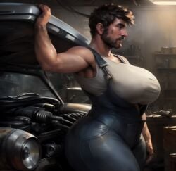 1boy ai_generated bara big_ass big_breasts big_butt brown_hair busty busty_boy curvy curvy_male huge_breasts jackvinsanity male male_only male_with_breasts mechanic solo solo_male