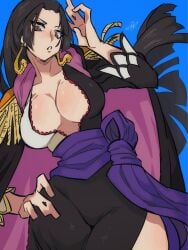 1girls arm_up big_breasts black_hair blue_eyes blush boa_hancock cape clothed clothing color female female_focus female_only hi_res inner_sideboob kanikanipan3740 large_breasts light-skinned_female light_skin long_hair looking_at_viewer one_piece one_piece_film_stampede shounen_jump solo solo_female tagme thick_thighs