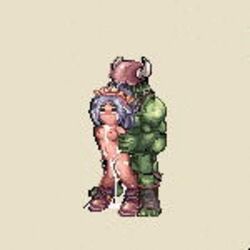 1girls animated big_belly female gif inflation kafra light-skinned_female light_skin male orc orc_male pixel_art ragnarok_online sex sprite tan_background