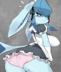 1girls anthro ass ass_focus blue_eyes blush breasts clothed eeveelution embarrassed female furry glaceon gloves hi_res looking_at_viewer looking_back maid_headdress maid_uniform nintendo panties pink_panties pokémon_(species) pokemon solo tail tea_party_style_glaceon underwear uniform upskirt xanadu_corona