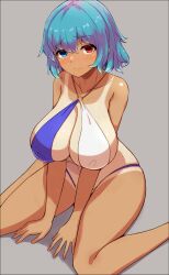 1girls 2d alternate_version_available big_breasts bikini blue_eye blue_hair breasts female grey_background heterochromia kogasa_tatara looking_at_viewer mani_padme red_eye short_hair simple_background sitting solid_color_background solo source swimsuit tan tanned touhou