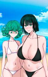 2girls beach big_breasts bikini bikini_bottom bikini_top black_bikini blush bottomwear breast_envy breasts cleavage dark_green_hair female female_only fubuki_(one-punch_man) green_eyes green_hair hair huge_breasts izunomi large_breasts looking_at_breasts meme mother_daughter_boob_envy_(meme) multiple_girls one-punch_man short_hair sisters small_breasts swimwear tatsumaki topwear white_bikini