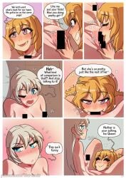 2d 2girls bar_censor bath bathtub blonde_hair blue_eyes blush blush_lines censored censored_nipples comic completely_nude cunnilingus dialogue embarrassed english_text female_only flattered flirting frown hearts khartemis legs licking licking_pussy long_hair multiple_girls muscular_female oral oral_sex page_9 purple_eyes pussy pussy_juice pussy_juice_drip resting rwby scar seducing sex small_breasts smile teasing weiss_schnee white_hair yang_xiao_long yuri