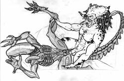 2boys alien alien_(franchise) alien_only alien_vs_predator gay interspecies male male/male male_only male_xenomorph monochrome monsterbait multiple_males predator predator_(franchise) sex tail white_background xenomorph yaoi yautja