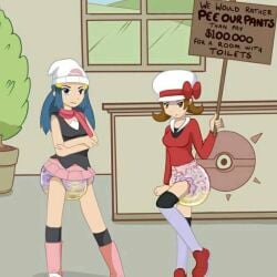 2girls angry dawn_(pokemon) diaper diaper_fetish lyra_(pokemon) mad marcosalvatore messy_diaper multiple_girls peeing peeing_self pokemon pokemon_center sign tagme wet wet_diaper