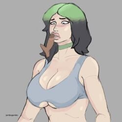 1girls big_breasts billie_eilish black_hair blue_eyes celebrity fellatio female green_hair human jumbogumbo light-skinned_male light_skin penis real_person