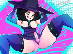 1futa big_breasts black_hair breasts brown_eyes dickgirl digital_media_(artwork) fanart futanari intersex lacytracy10 pale_skin penis small_penis smiling thigh_highs thighhighs trans_woman transfem witch_hat