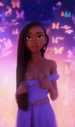 1girls 3d afrolatina ai_generated areolae asha_(disney) bare_shoulders braided_hair breasts brown_eyes brown_hair butterfly dark-skinned_female dark_skin disney disney_princess dress earrings female female_only freckles latina long_hair medium_breasts nipples solo undressing wish_(film)