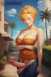 ai_generated balls blonde_hair blonde_pubic_hair cleavage closed_eyes dragon_ball dragon_ball_z erect_penis erection flordulce futa_only futa_penis futanari gilf happy mature mature_futa milf orange_shirt outdoors panchy panchy_(dragon_ball) panchy_briefs pants penis pubic_hair shirt smile solo_futa standing strapless testicles unzipped_pants