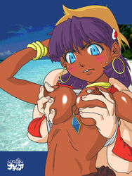 1girls 2006 blonde_hair blue_eyes blush bracelet breast_grab breasts curvaceous dark-skinned_female dark_skin earrings female fushigi_no_umi_no_nadia gainax huge_breasts human interracial jean_roque_raltique jewelry large_breasts nadia_la_arwall neck_ring necklace nipple_tweak nipples open_clothes open_shirt princess purple_hair shirt short_hair suesan topless vest