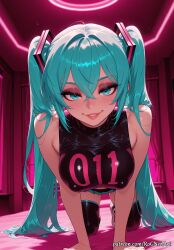 2026 ai_generated all_fours anime aqua_eyes aqua_hair bare_shoulders black_thighhighs breasts cleavage covered_nipples crossover eye_contact female female_focus female_only hair_between_eyes hatsune_miku highres huge_breasts indoors inside large_breasts lips long_hair looking_at_viewer nsfw parted_lips patreon pleated_skirt rognezart seductive_smile skirt sleeveless smile smiling solo thighhighs twintails very_long_hair vocaloid