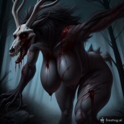 ai_generated big_breasts big_woman black_body black_hair blood blood_on_face claws female fit_female forest furry horn horns monster night red_eyes teeth wendigo wide_hips