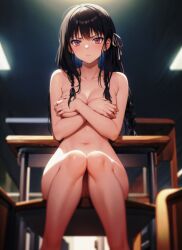 1girls ai_generated belly_button black_hair braided_hair classroom classroom_of_the_elite disgusted_look exposed_pussy female fully_nude hands_covering_breasts horikita_suzune legs_closed long_hair naked_female nude_female rea schoolgirl sitting solo_female solo_focus stomach up_view white_hair_ribbon