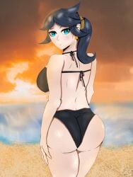 1girls beach big_breasts bikini black_bikini black_hair black_panties blue_eyes earrings kosman looking_at_viewer looking_back lucca_(pokemon) milf pokemon pokemon_(anime) pokemon_horizons ponytail shiny_skin smirk solo solo_female solo_focus sunset