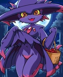 anthro apple basket blush color female female_only front_view g-sun mismagius night outdoors pokémon_(species) pokemon pokemon_(species) solo tagme