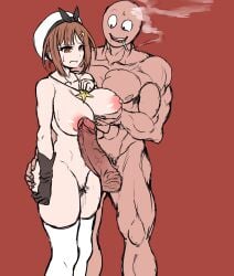 1boy 1girls artist_request ass_grab atelier_(series) atelier_ryza big_balls big_breasts breast_grab breasts brown_hair busty_teen erection female gloves huge_breasts huge_cock human nipples nude nude_female penis_on_stomach reisalin_stout tagme teenager thick_thighs thin_waist wide_hips